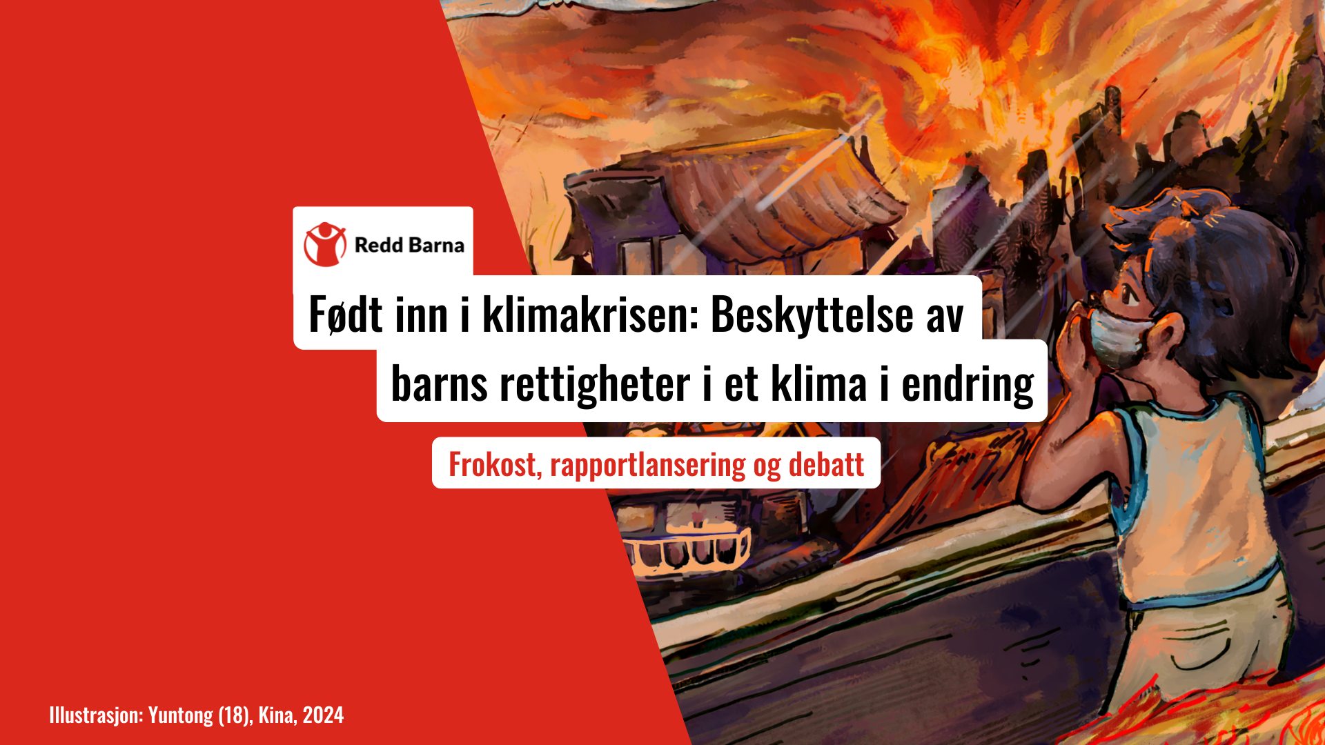 Lansering av klimarapport: Illustrasjon av et barn som ser på landsbygden som brenner.