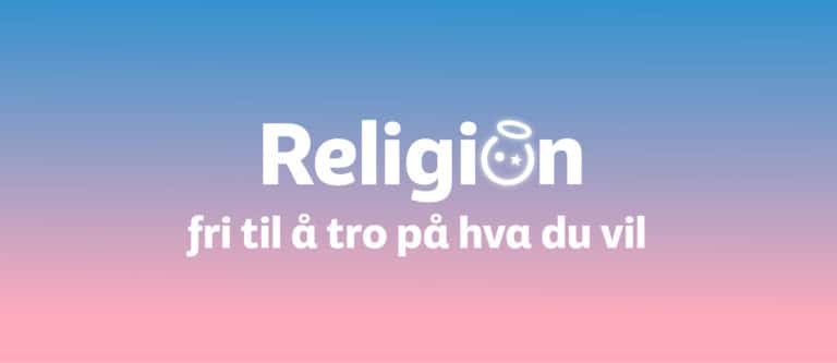 blå og rosa bakrunn med skriften Religion fri til å tro på hva du vil