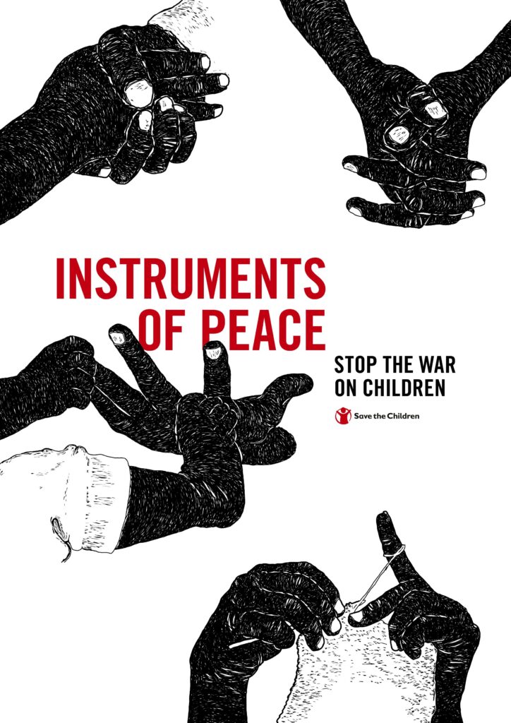 Baksiden av en rapport. Hender som holder og teksten "Instruments of peace"