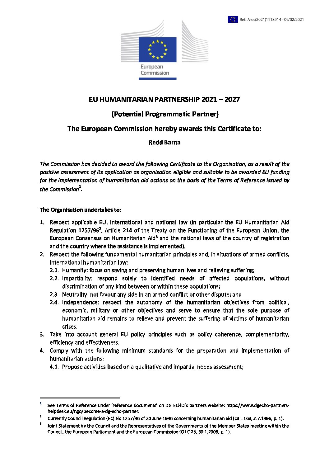 Humanitarian Partnership Certificate