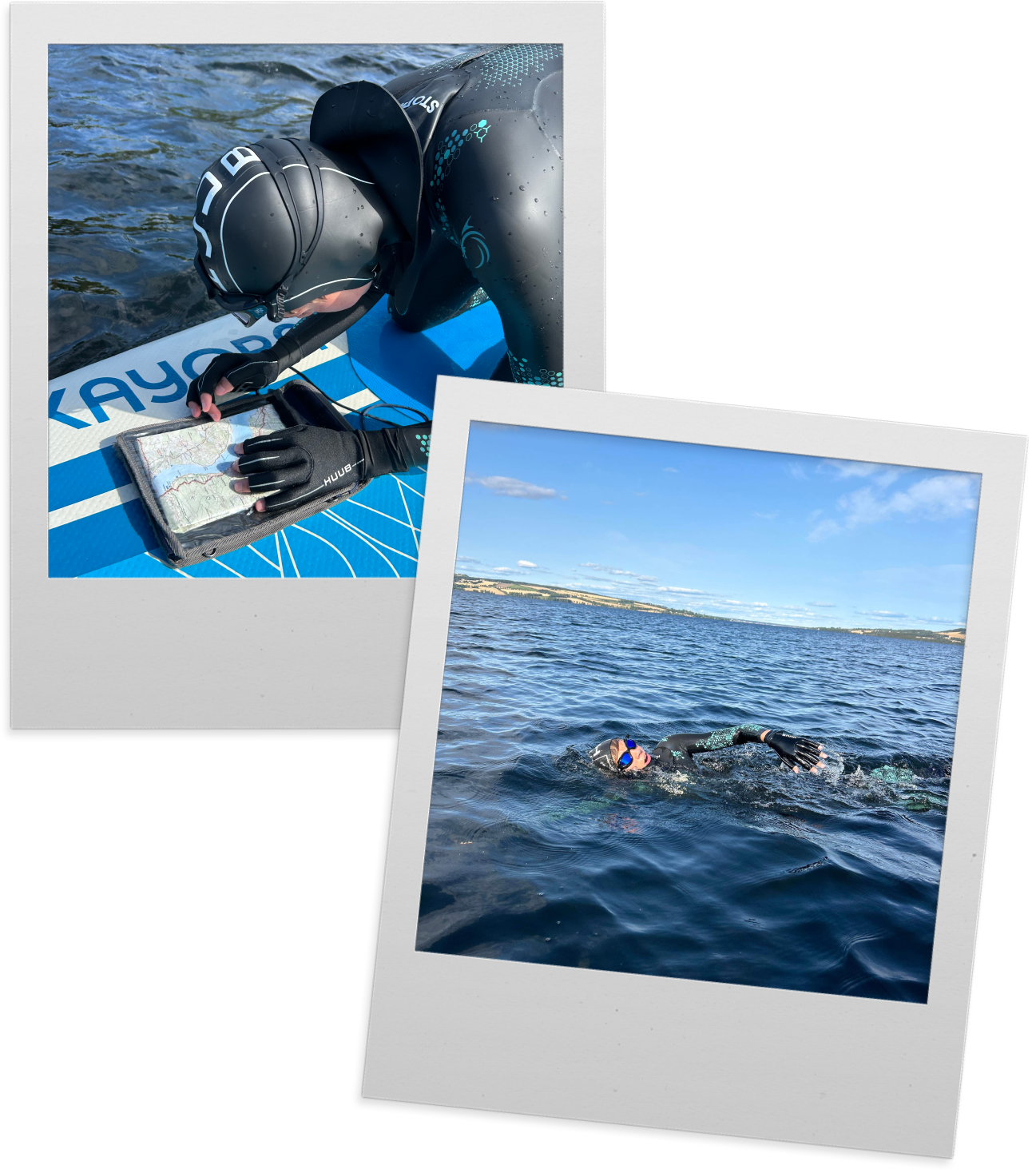 To polaroidbilder av Einar som leser kart på et padlebrett i vannet, og svømmer i Mjøsa. 